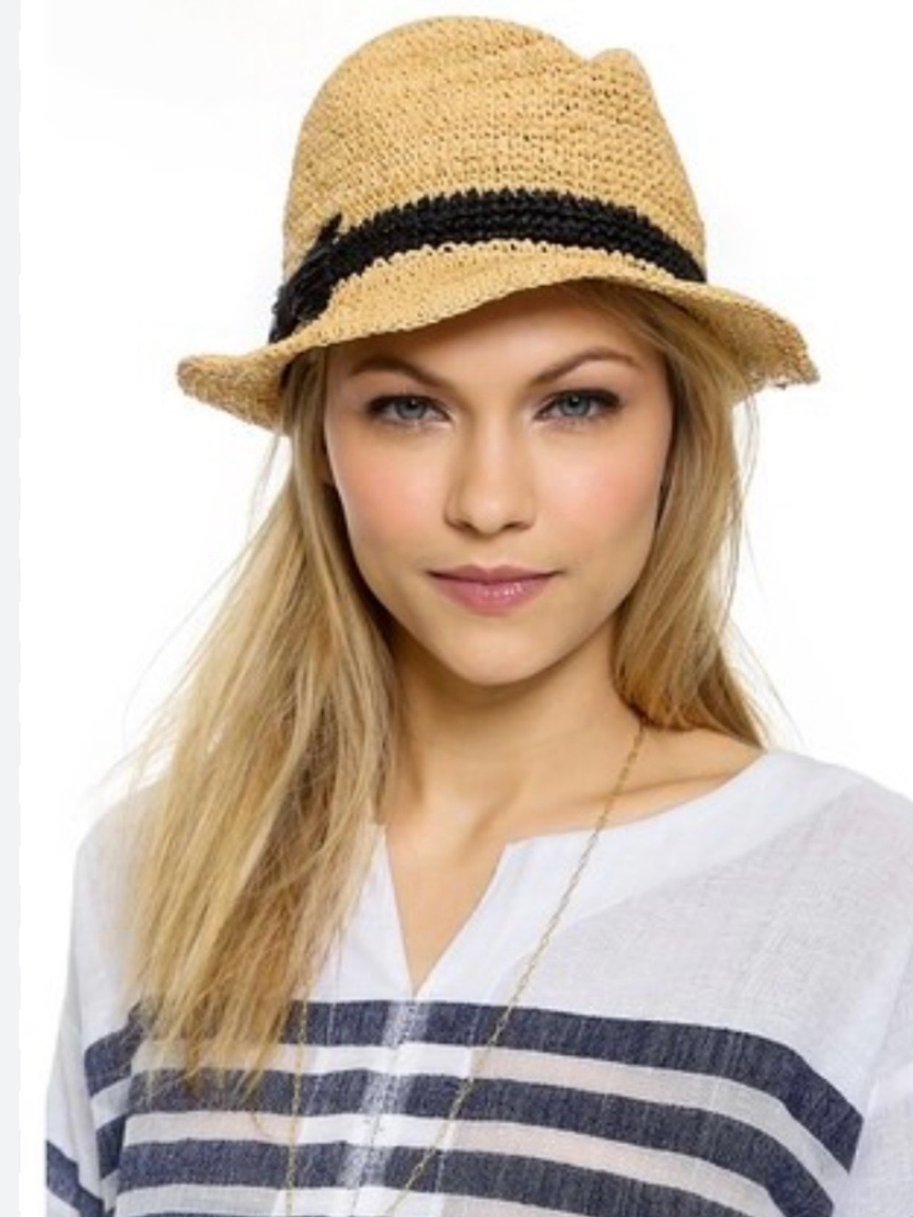kate spade Packable Natural Straw Fedora with Black Band. OS